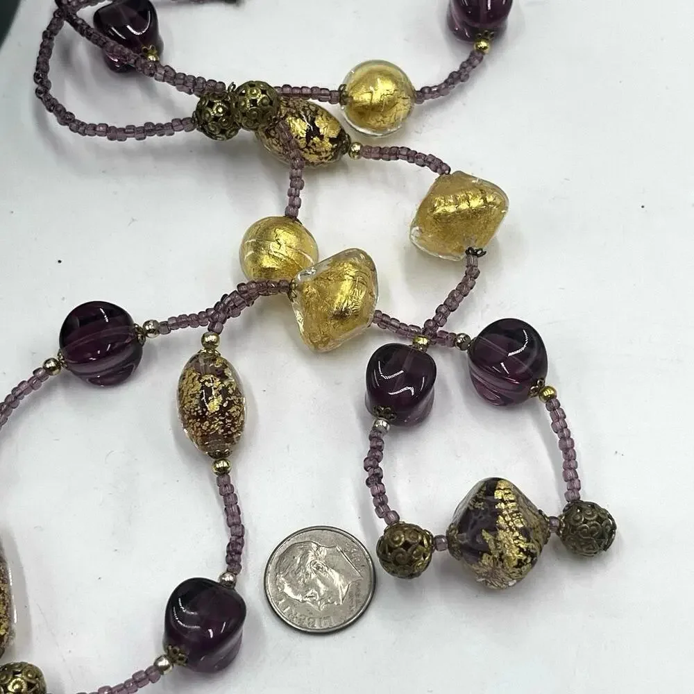 Purple Gold Foil Leaf Beaded Murano Vintage Glass Bead Embossed Brass Necklace‎